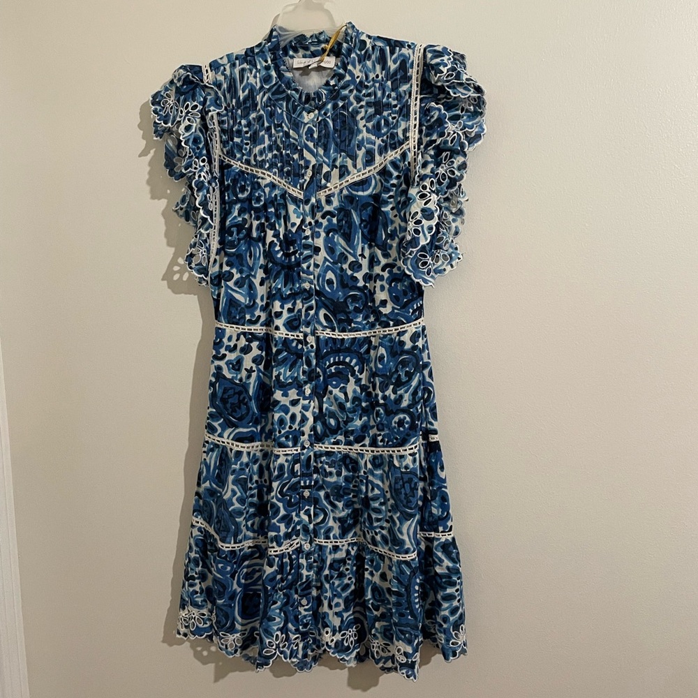 NWT House Of Harlow 1960 Melba Blue Button Down Eyelet Mini Dress Size S